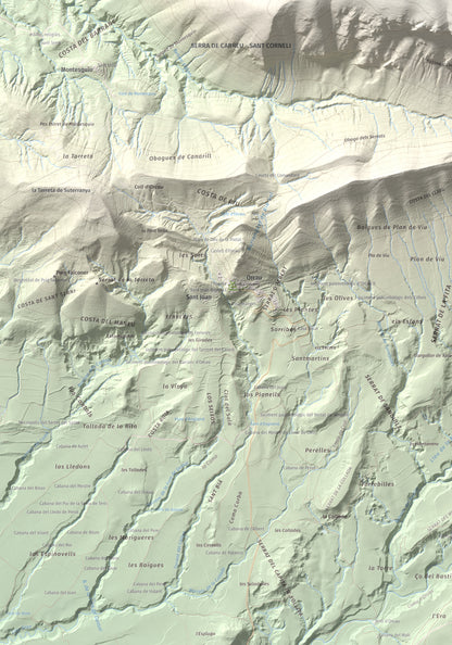 Mapa de relieve de Sant Corneli, 1351 m, Pallars Jussà, lámina 100 Cims de Trobart. Detalle de la zona inferior izquierda. 70 × 100 cm.