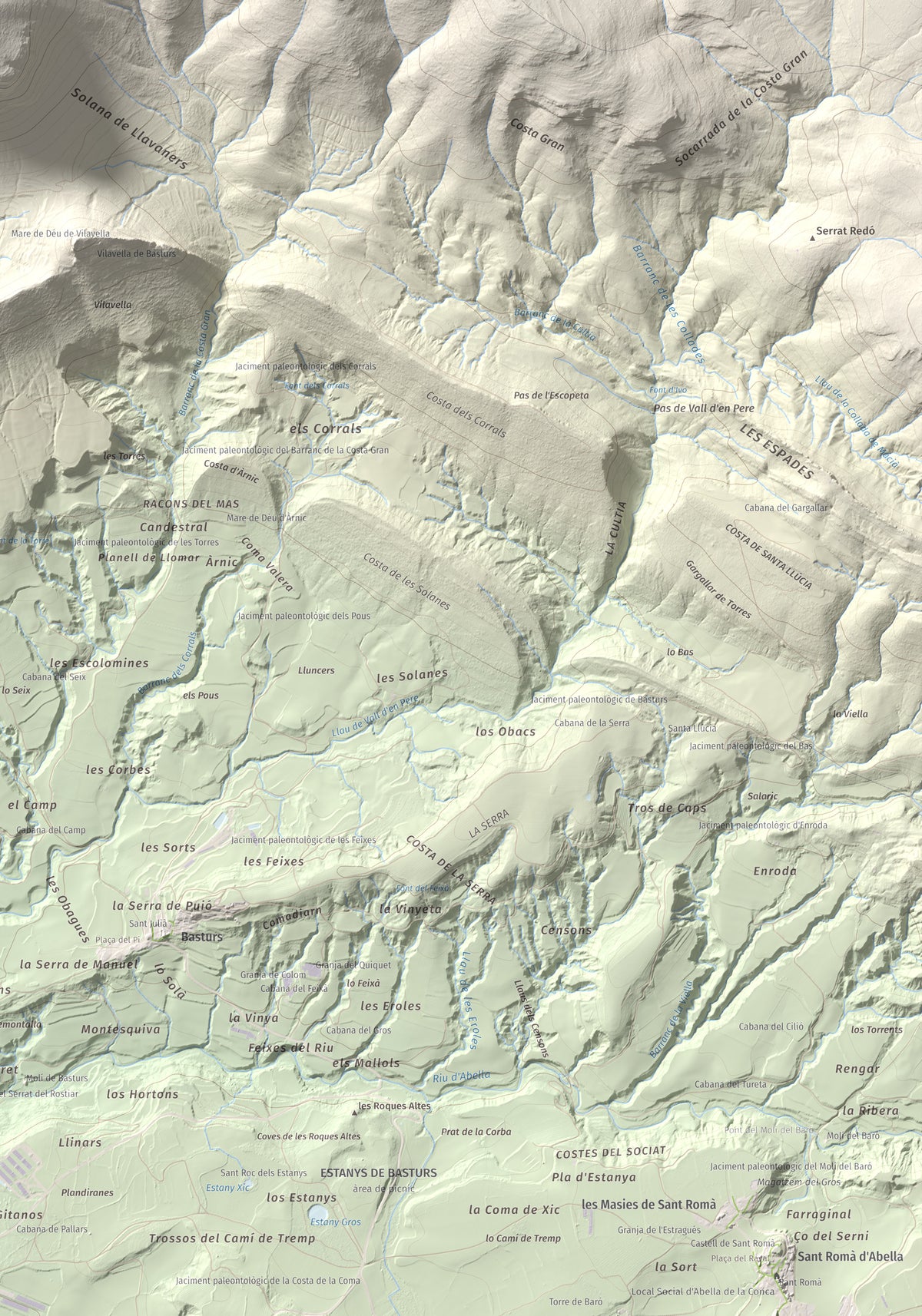Mapa de relieve de Sant Corneli, 1351 m, Pallars Jussà, lámina 100 Cims de Trobart. Detalle de la zona inferior derecha. 70 × 100 cm.