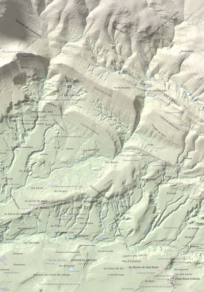 Mapa de relieve de Sant Corneli, 1351 m, Pallars Jussà, lámina 100 Cims de Trobart. Detalle de la zona inferior derecha. 70 × 100 cm.