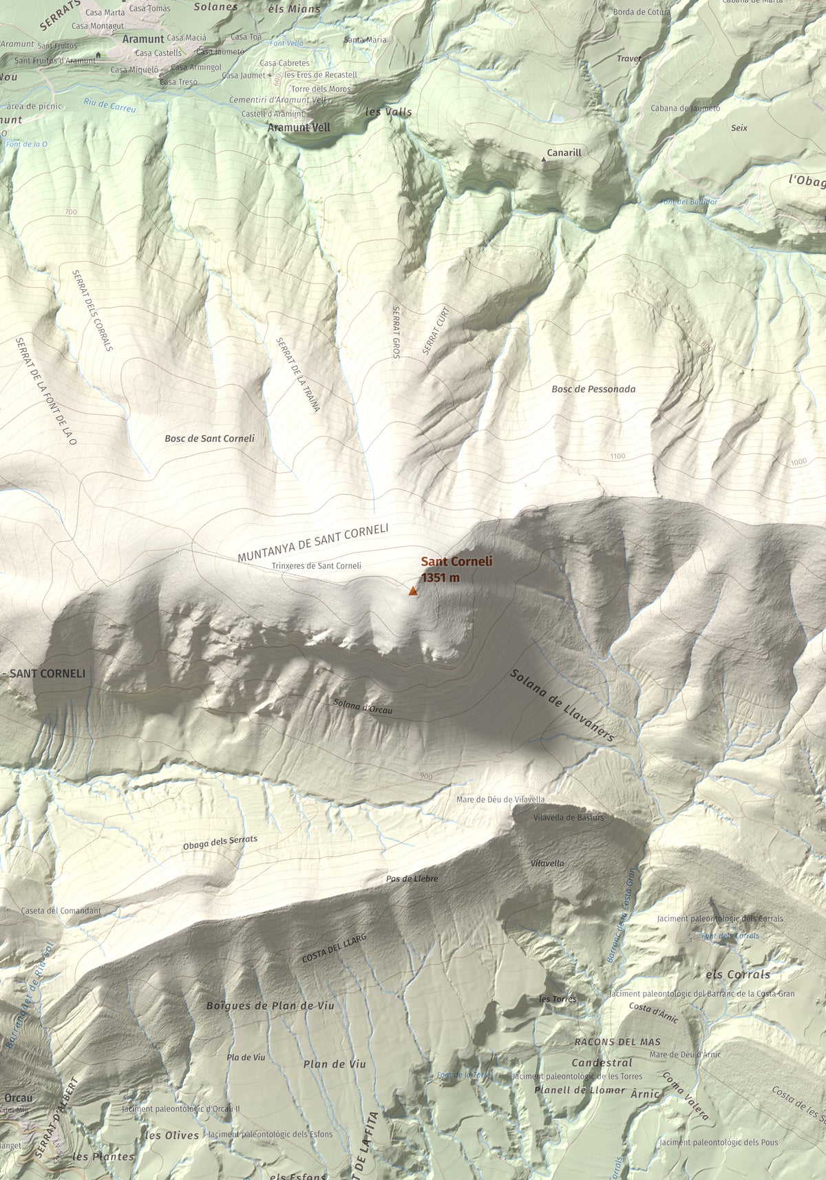 Mapa de relieve de Sant Corneli, 1351 m, Pallars Jussà, lámina 100 Cims de Trobart. Detalle de la zona central. 70 × 100 cm.