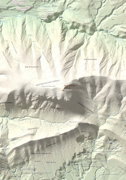 Mapa de relieve de Sant Corneli, 1351 m, Pallars Jussà, lámina 100 Cims de Trobart. Detalle de la zona central. 70 × 100 cm.