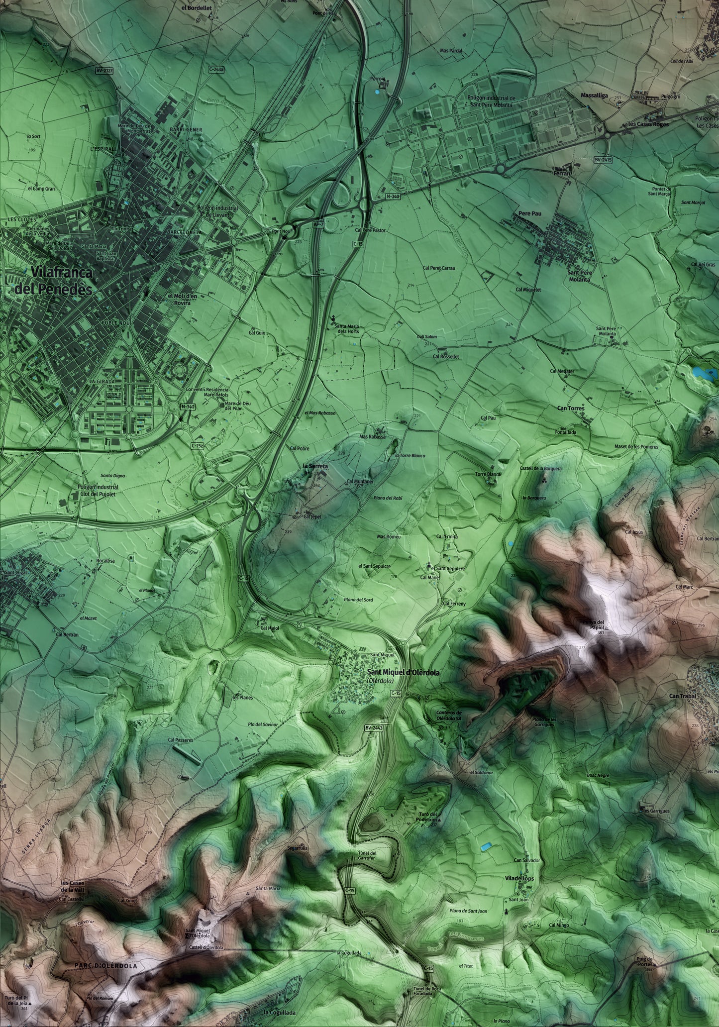 Mapa artístico del relieve de Sant Cugat Sesgarrigues, al Alt Penedès, con 15 km de entorno y base topográfica ICGC. Detalle de la zona inferior izquierda.