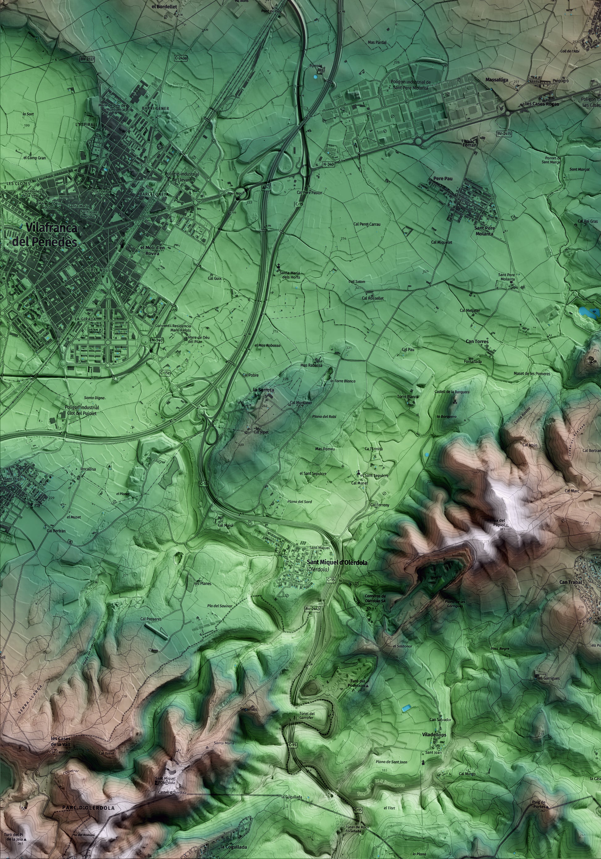 Mapa artístico del relieve de Sant Cugat Sesgarrigues, al Alt Penedès, con 15 km de entorno y base topográfica ICGC. Detalle de la zona inferior izquierda.