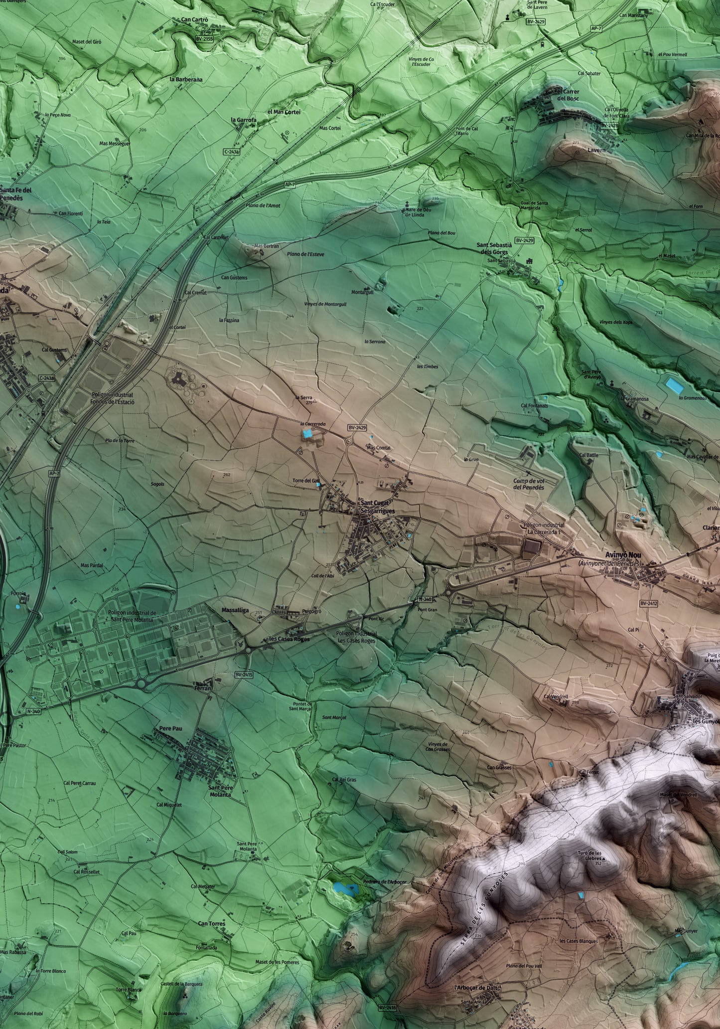Mapa artístico del relieve de Sant Cugat Sesgarrigues, al Alt Penedès, con 15 km de entorno y base topográfica ICGC. Detalle de la zona central.