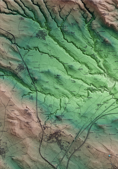 Mapa artístico del relieve de Sant Cugat Sesgarrigues, al Alt Penedès, con 15 km de entorno y base topográfica ICGC. Detalle de la zona superior izquierda.