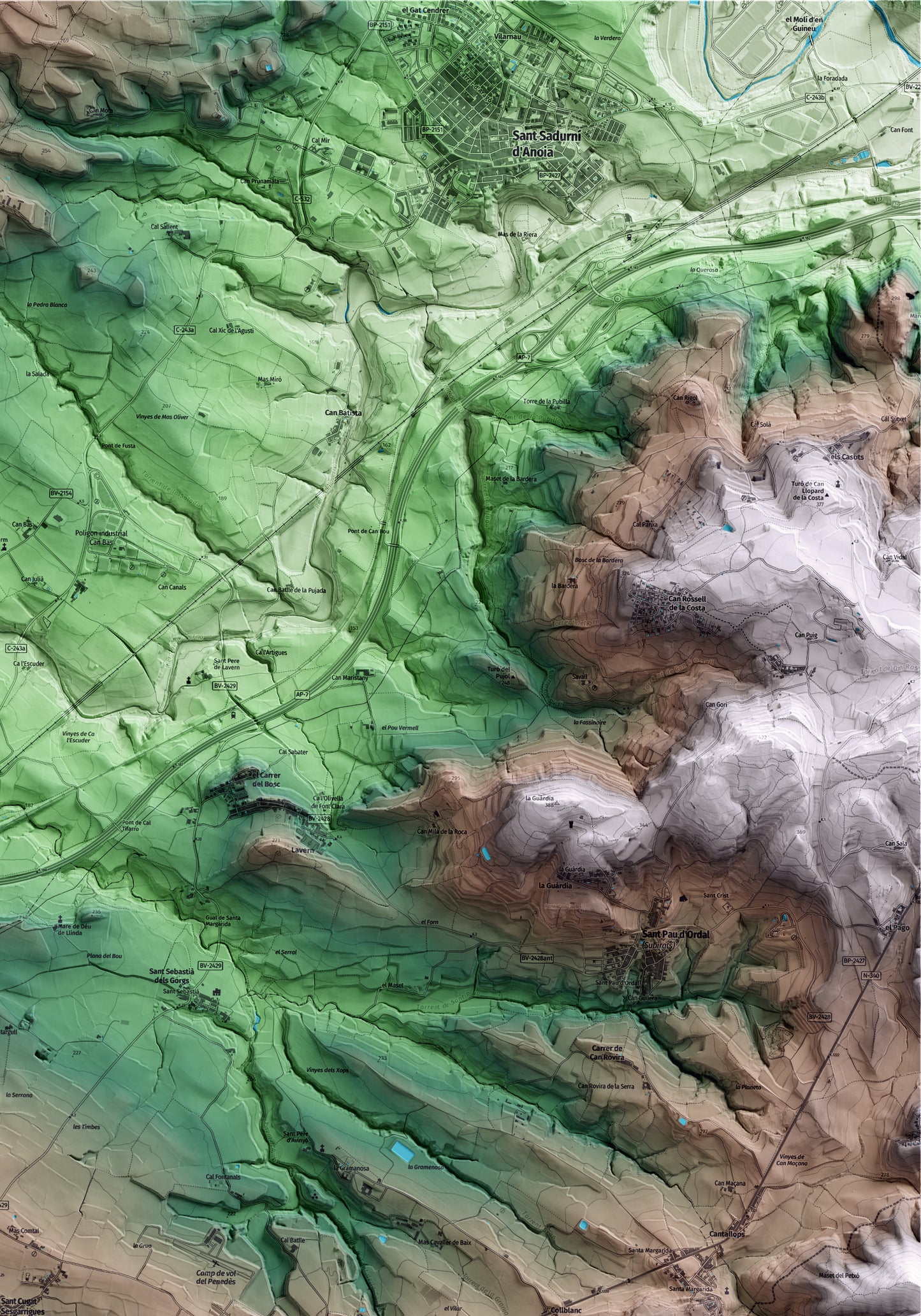 Mapa artístico del relieve de Sant Cugat Sesgarrigues, al Alt Penedès, con 15 km de entorno y base topográfica ICGC. Detalle de la zona superior derecha.