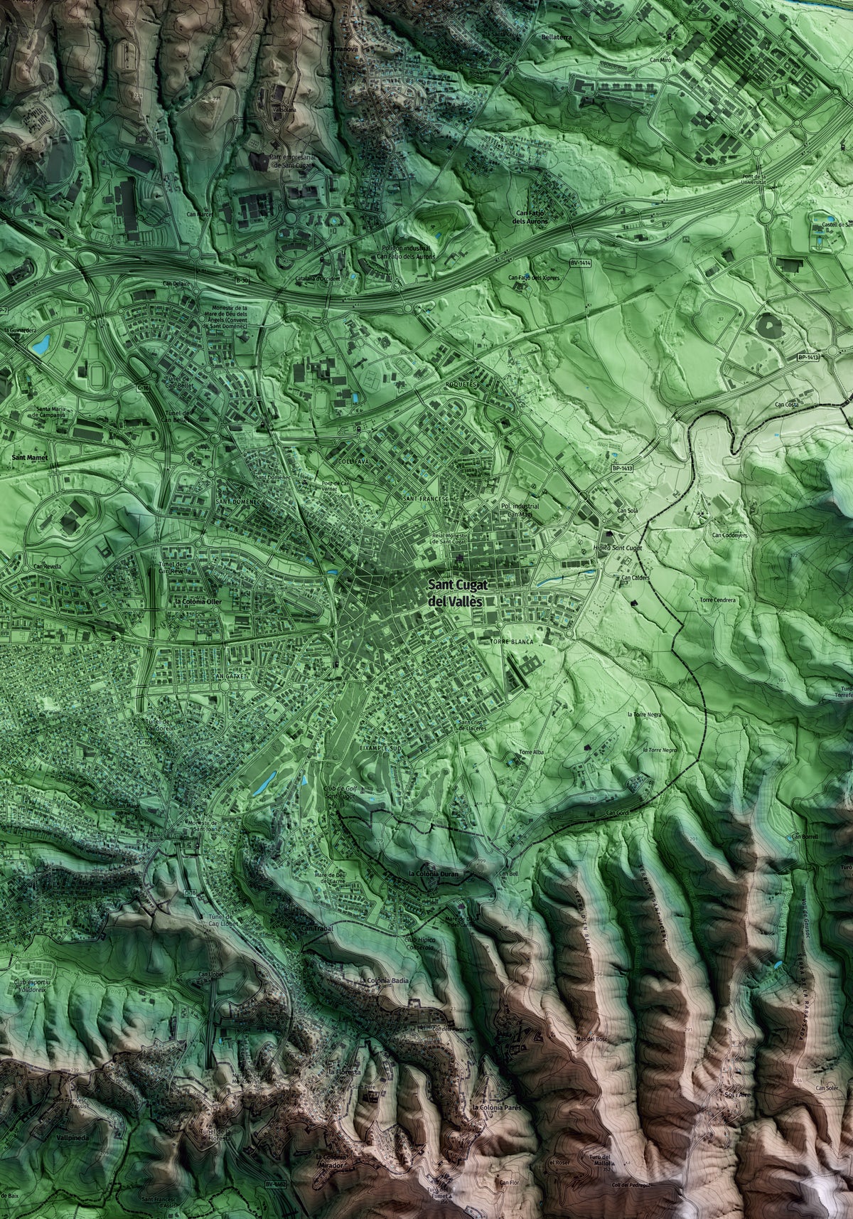 Mapa artístico del relieve de Sant Cugat del Vallès, al Vallès Occidental, con 15 km de entorno y base topográfica ICGC. Detalle de la zona central.