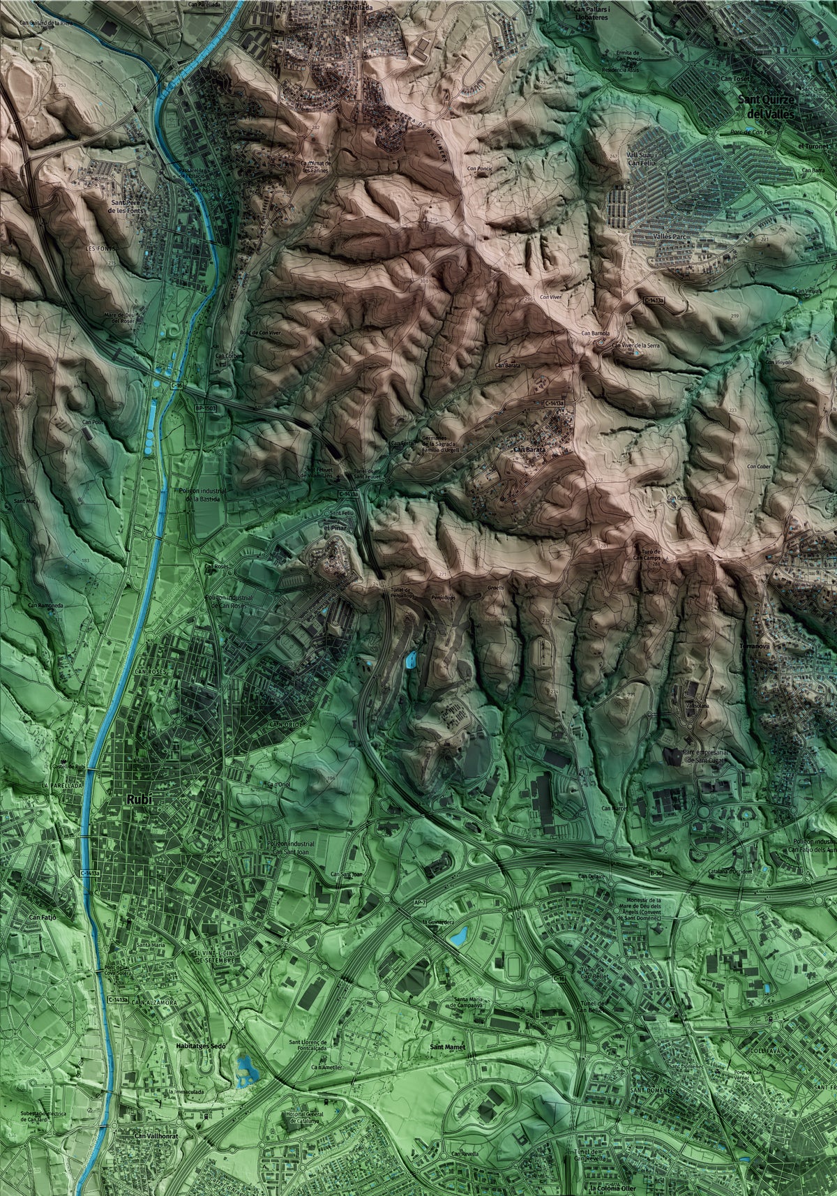 Mapa artístico del relieve de Sant Cugat del Vallès, al Vallès Occidental, con 15 km de entorno y base topográfica ICGC. Detalle de la zona superior izquierda.