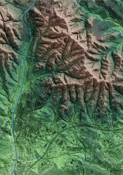 Mapa artístico del relieve de Sant Cugat del Vallès, al Vallès Occidental, con 15 km de entorno y base topográfica ICGC. Detalle de la zona superior izquierda.