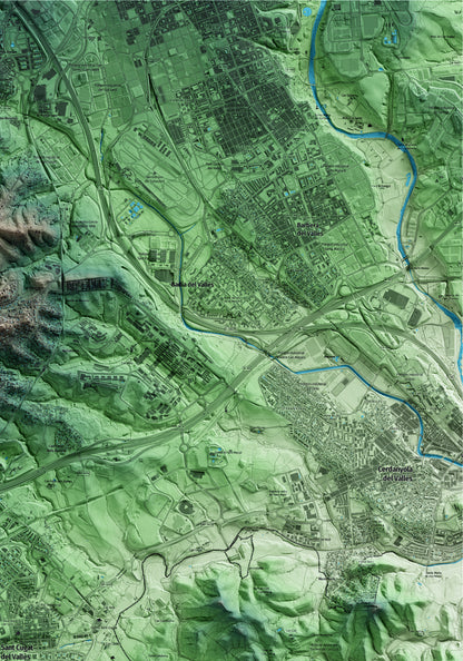 Mapa artístico del relieve de Sant Cugat del Vallès, al Vallès Occidental, con 15 km de entorno y base topográfica ICGC. Detalle de la zona superior derecha.