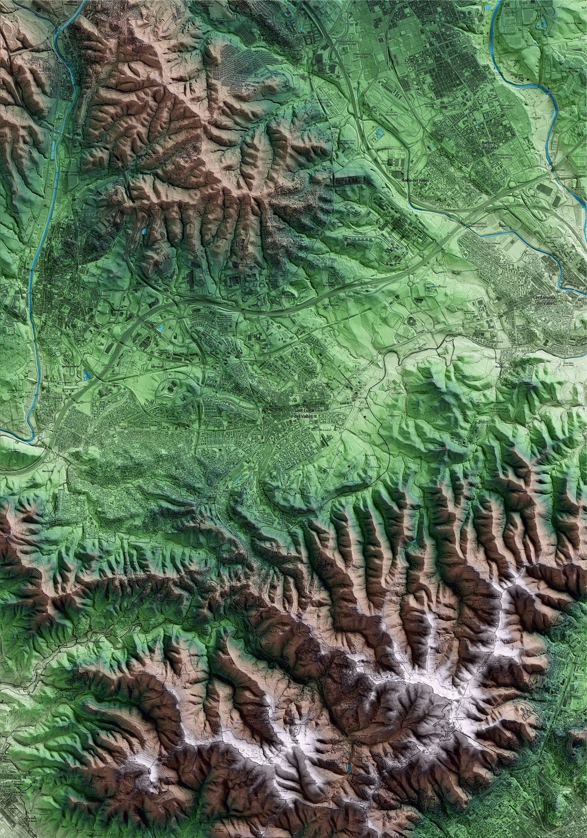 Mapa artístico del relieve de Sant Cugat del Vallès, al Vallès Occidental, con 15 km de entorno y base topográfica ICGC
