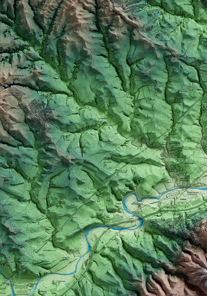 Mapa artístico del relieve de Sant Esteve Sesrovires, al Baix Llobregat, con 15 km de entorno y base topográfica ICGC. Detalle de la zona inferior izquierda.