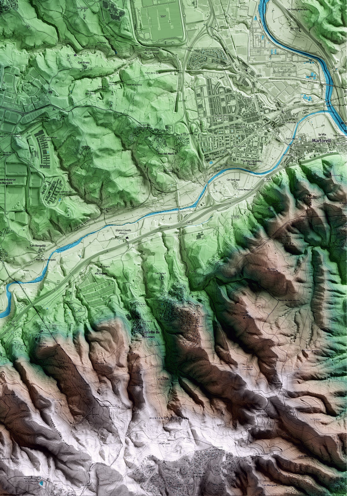 Mapa artístico del relieve de Sant Esteve Sesrovires, al Baix Llobregat, con 15 km de entorno y base topográfica ICGC. Detalle de la zona inferior derecha.