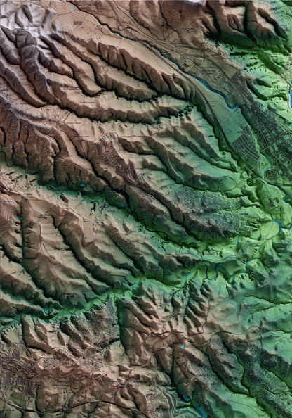 Mapa artístico del relieve de Sant Esteve Sesrovires, al Baix Llobregat, con 15 km de entorno y base topográfica ICGC. Detalle de la zona superior izquierda.