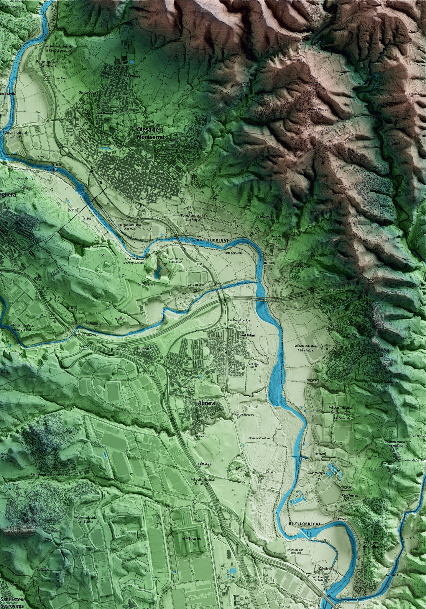 Mapa artístico del relieve de Sant Esteve Sesrovires, al Baix Llobregat, con 15 km de entorno y base topográfica ICGC. Detalle de la zona superior derecha.