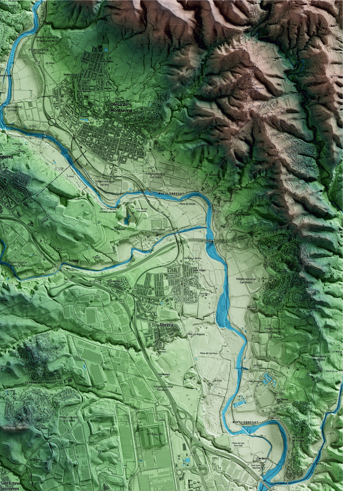 Mapa artístico del relieve de Sant Esteve Sesrovires, al Baix Llobregat, con 15 km de entorno y base topográfica ICGC. Detalle de la zona superior derecha.