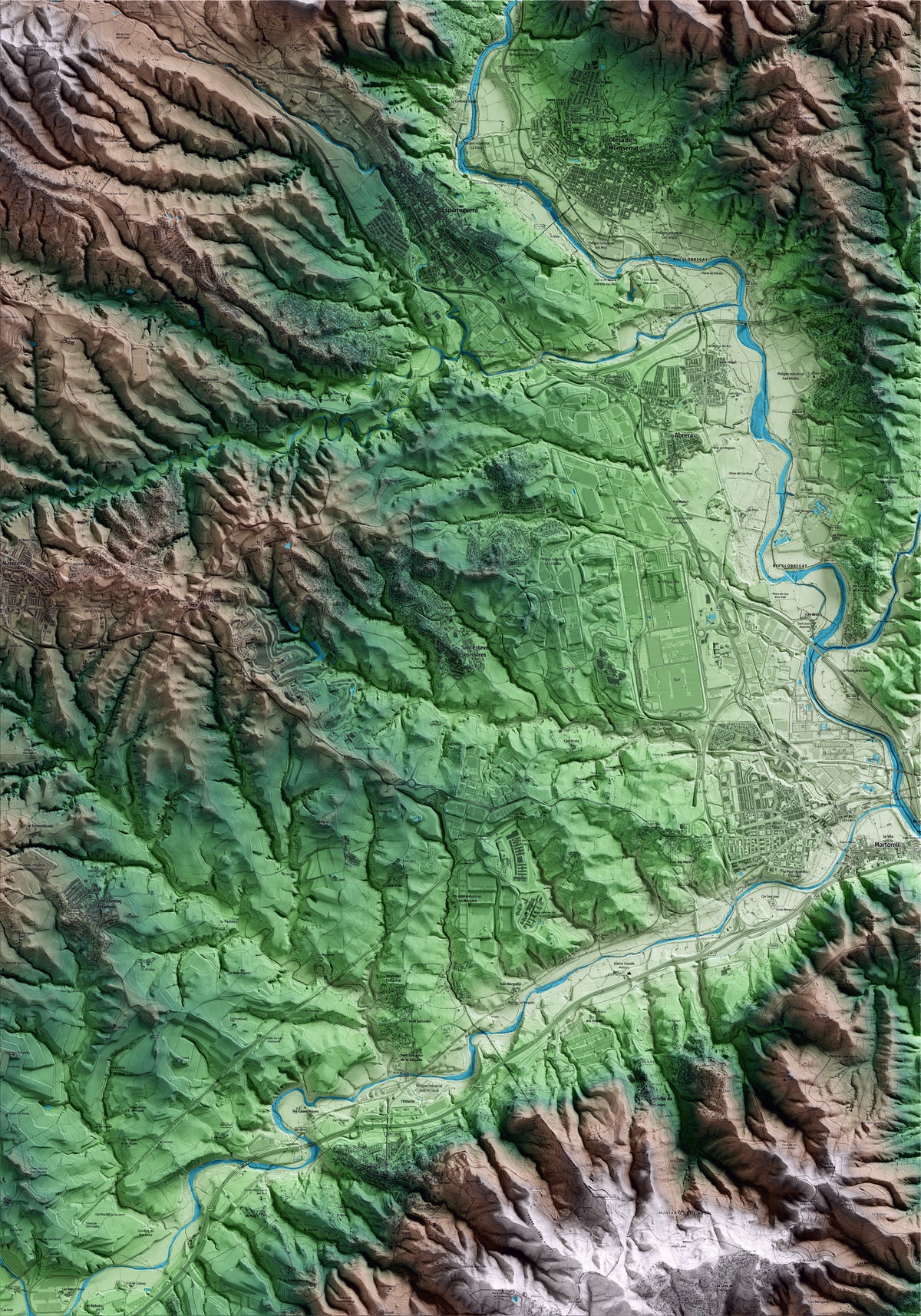 Mapa artístico del relieve de Sant Esteve Sesrovires, al Baix Llobregat, con 15 km de entorno y base topográfica ICGC