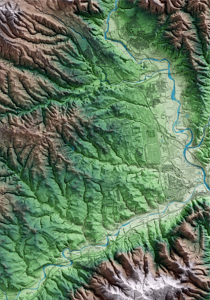 Mapa artístico del relieve de Sant Esteve Sesrovires, al Baix Llobregat, con 15 km de entorno y base topográfica ICGC