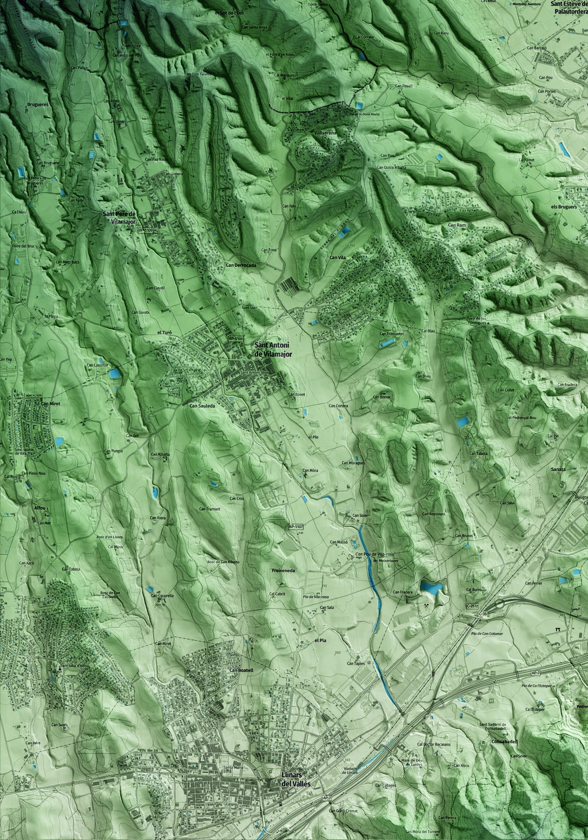 Mapa artístico del relieve de Sant Esteve de Palautordera, al Vallès Oriental, con 15 km de entorno y base topográfica ICGC. Detalle de la zona inferior izquierda.