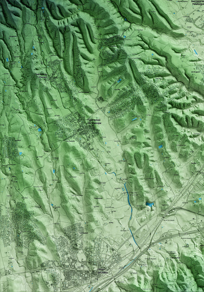 Mapa artístico del relieve de Sant Esteve de Palautordera, al Vallès Oriental, con 15 km de entorno y base topográfica ICGC. Detalle de la zona inferior izquierda.