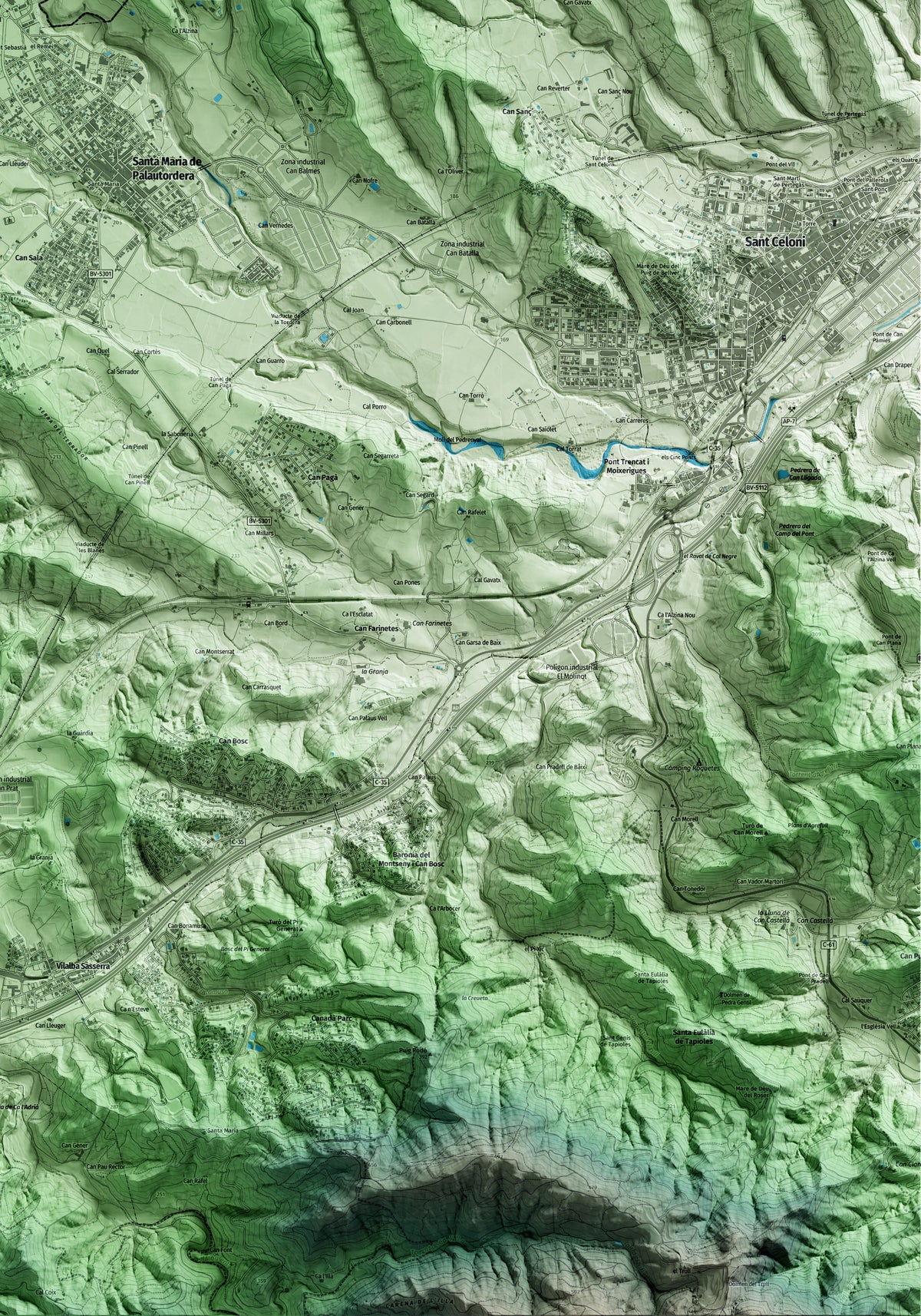 Mapa artístico del relieve de Sant Esteve de Palautordera, al Vallès Oriental, con 15 km de entorno y base topográfica ICGC. Detalle de la zona inferior derecha.
