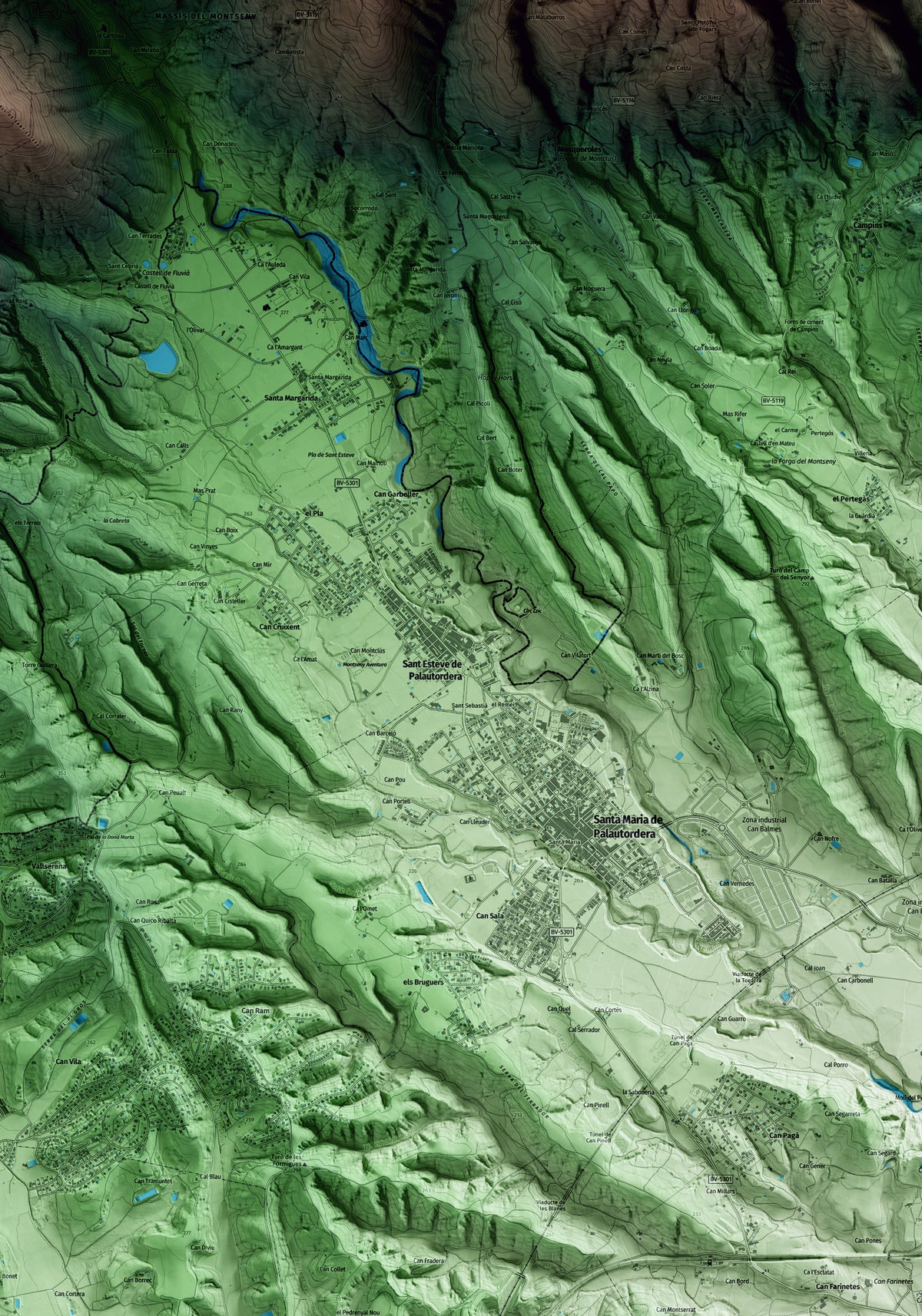 Mapa artístico del relieve de Sant Esteve de Palautordera, al Vallès Oriental, con 15 km de entorno y base topográfica ICGC. Detalle de la zona central.