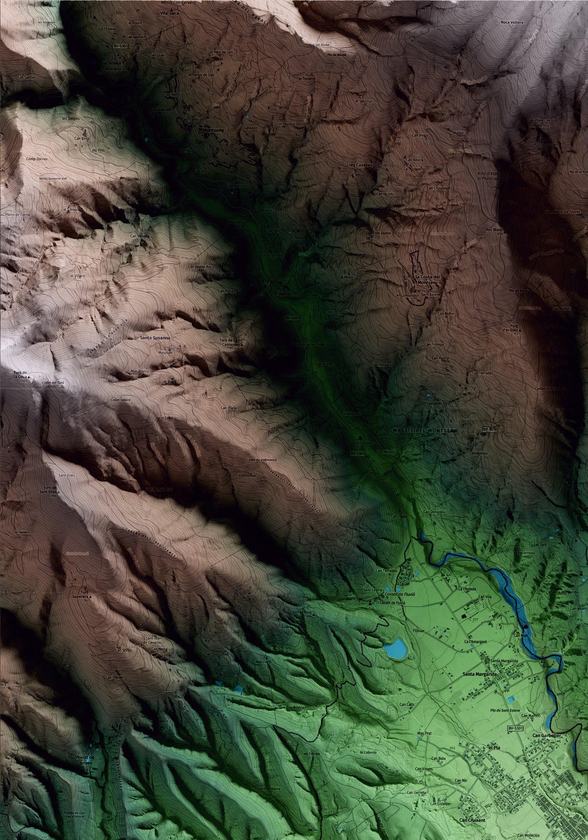 Mapa artístico del relieve de Sant Esteve de Palautordera, al Vallès Oriental, con 15 km de entorno y base topográfica ICGC. Detalle de la zona superior izquierda.