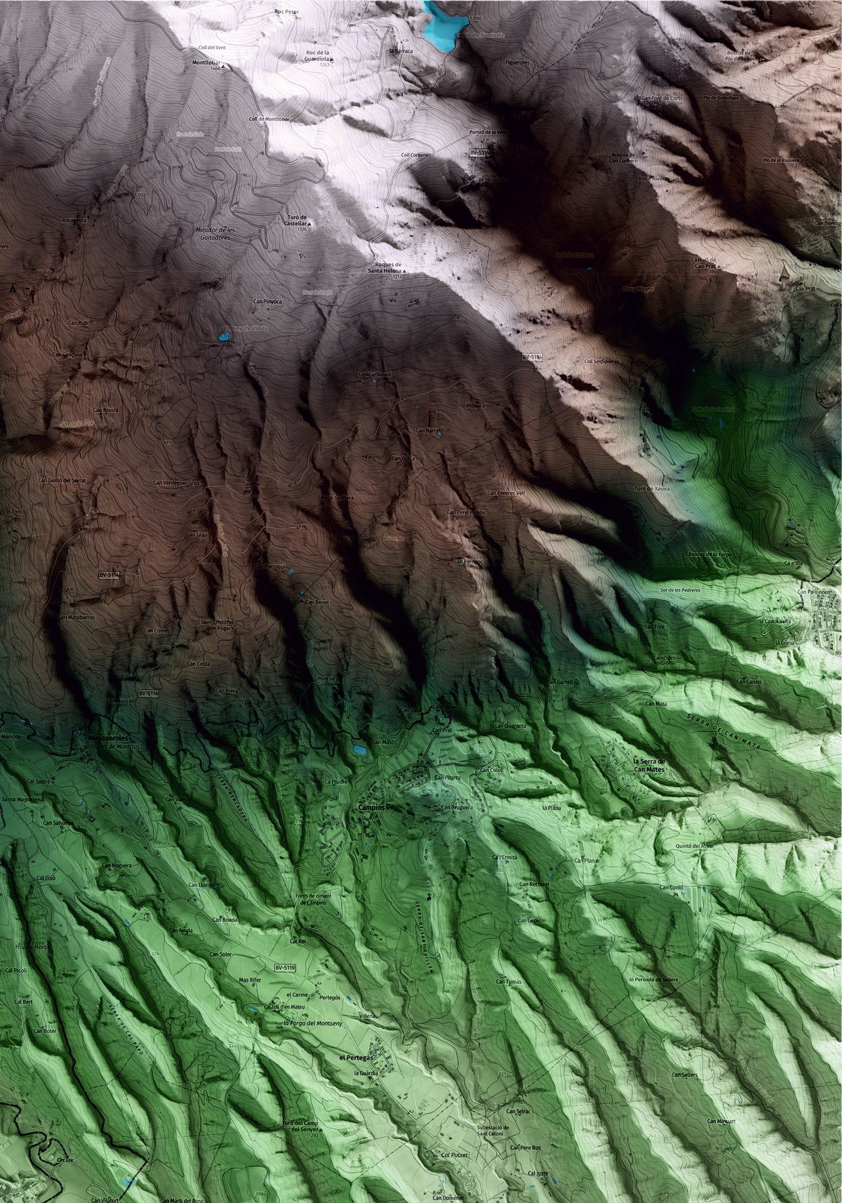 Mapa artístico del relieve de Sant Esteve de Palautordera, al Vallès Oriental, con 15 km de entorno y base topográfica ICGC. Detalle de la zona superior derecha.