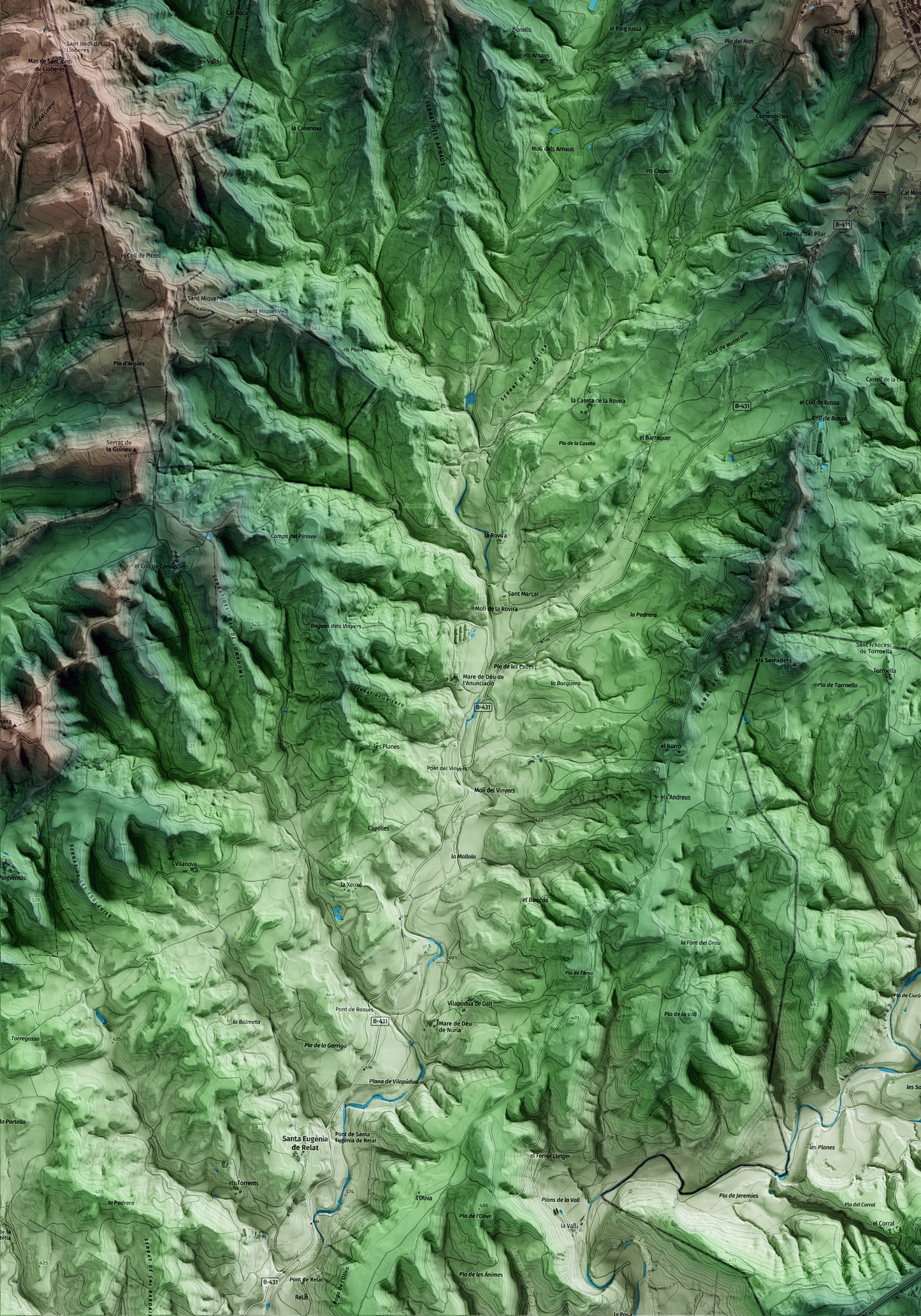 Mapa artístico del relieve de Sant Feliu Sasserra, al Bages, con 15 km de entorno y base topográfica ICGC. Detalle de la zona inferior izquierda.