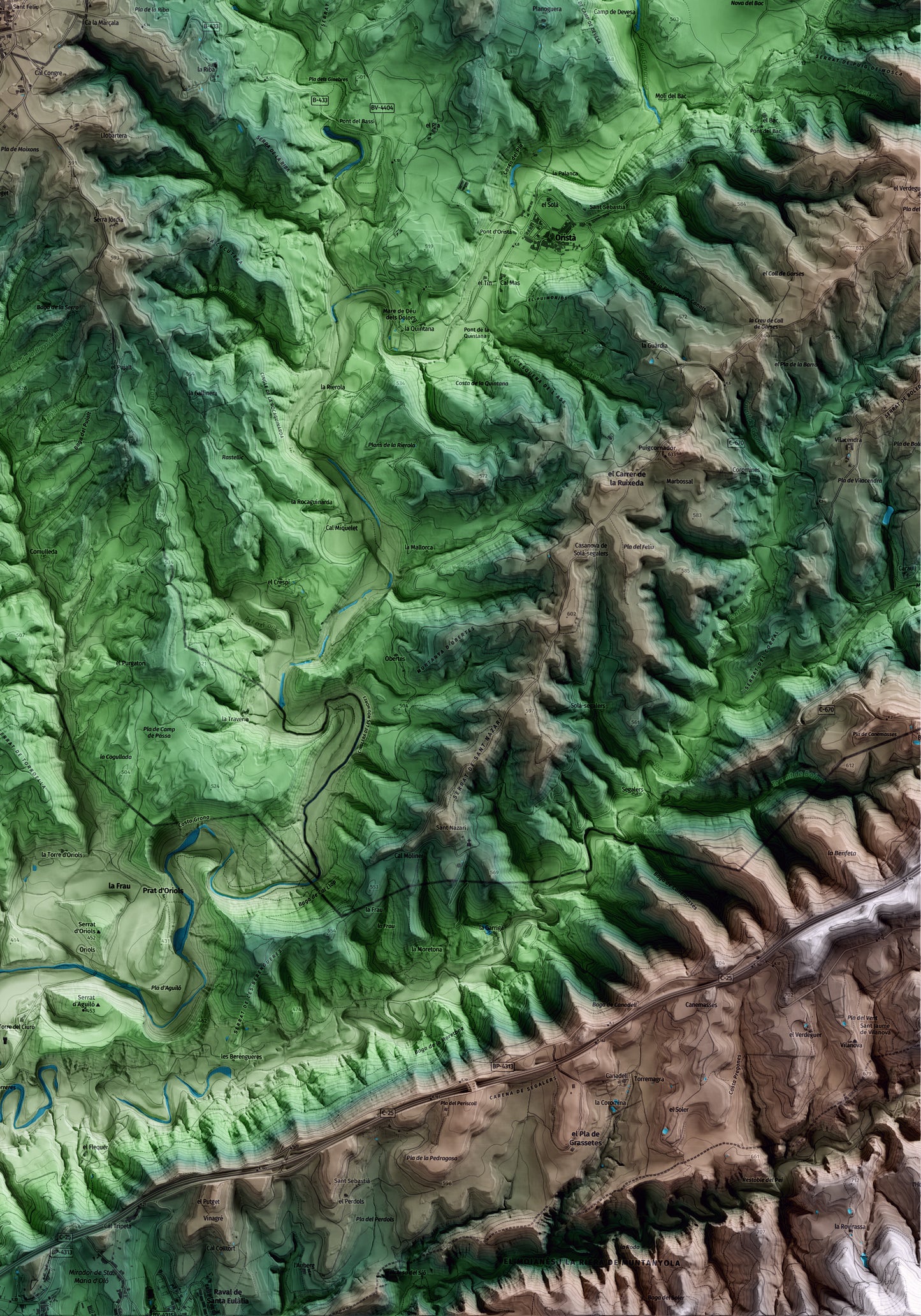 Mapa artístico del relieve de Sant Feliu Sasserra, al Bages, con 15 km de entorno y base topográfica ICGC. Detalle de la zona inferior derecha.