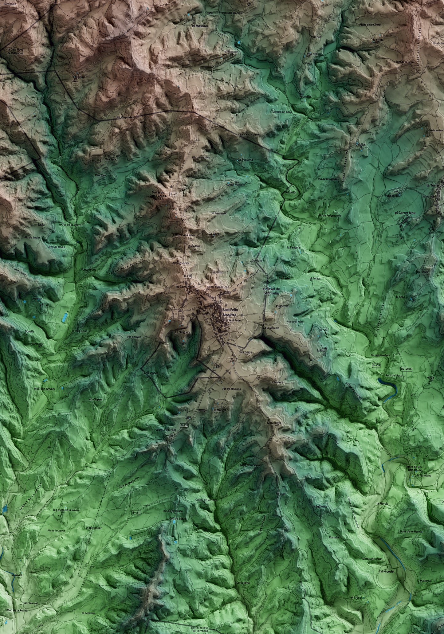Mapa artístico del relieve de Sant Feliu Sasserra, al Bages, con 15 km de entorno y base topográfica ICGC. Detalle de la zona central.