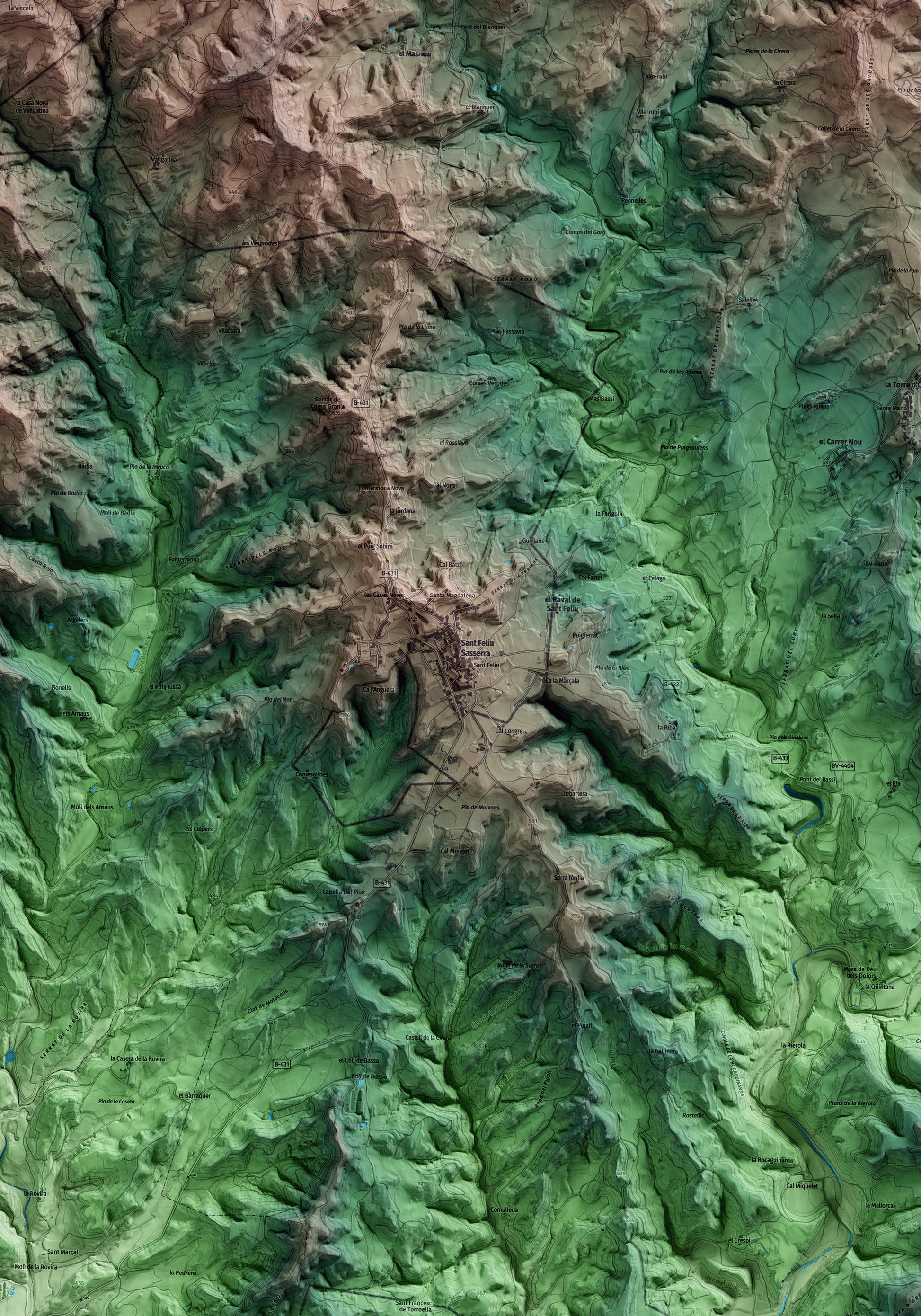 Mapa artístico del relieve de Sant Feliu Sasserra, al Bages, con 15 km de entorno y base topográfica ICGC. Detalle de la zona central.