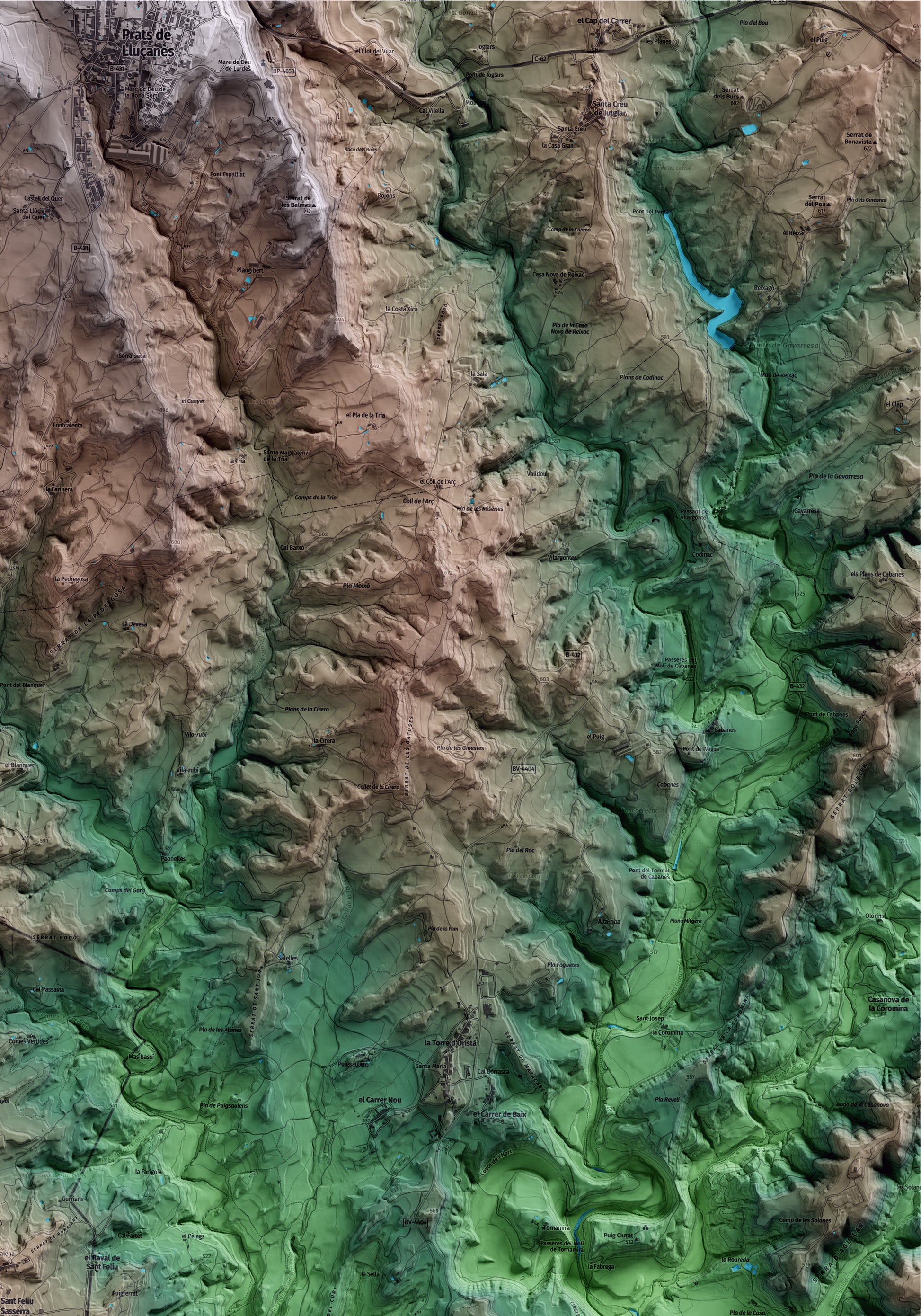 Mapa artístico del relieve de Sant Feliu Sasserra, al Bages, con 15 km de entorno y base topográfica ICGC. Detalle de la zona superior derecha.