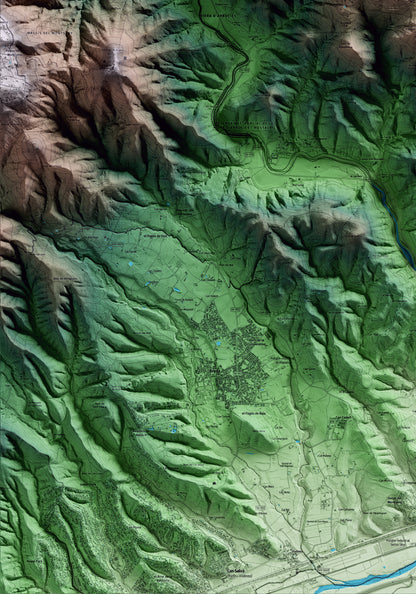 Mapa artístico del relieve de Sant Feliu de Buixalleu, a la Selva, con 15 km de entorno y base topográfica ICGC. Detalle de la zona inferior izquierda.