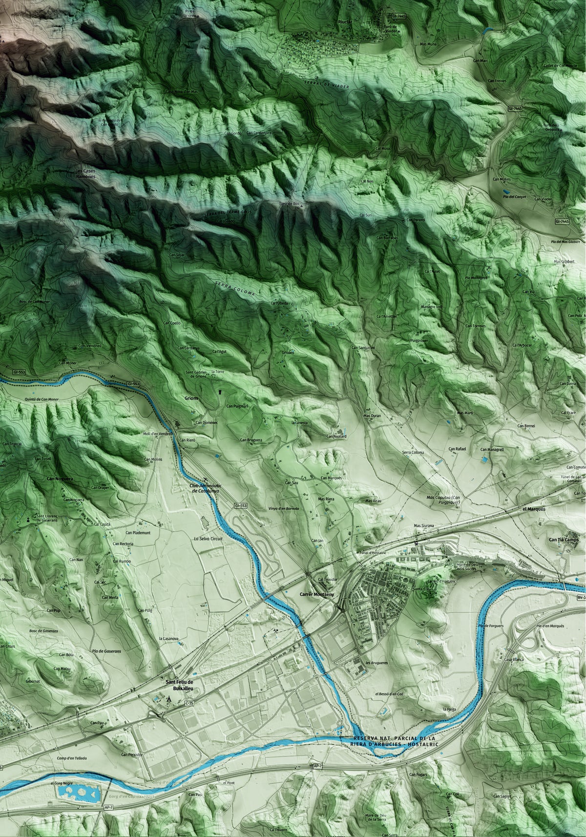 Mapa artístico del relieve de Sant Feliu de Buixalleu, a la Selva, con 15 km de entorno y base topográfica ICGC. Detalle de la zona inferior derecha.