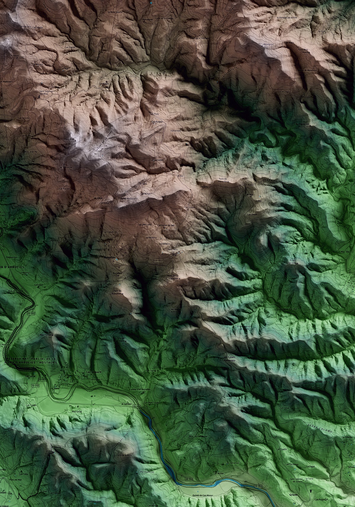 Mapa artístico del relieve de Sant Feliu de Buixalleu, a la Selva, con 15 km de entorno y base topográfica ICGC. Detalle de la zona central.