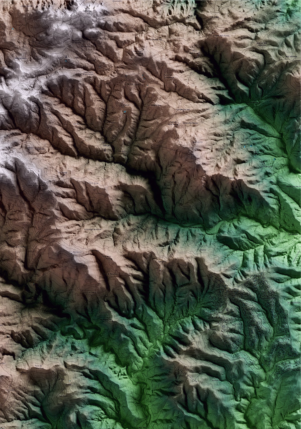 Mapa artístico del relieve de Sant Feliu de Buixalleu, a la Selva, con 15 km de entorno y base topográfica ICGC. Detalle de la zona superior derecha.