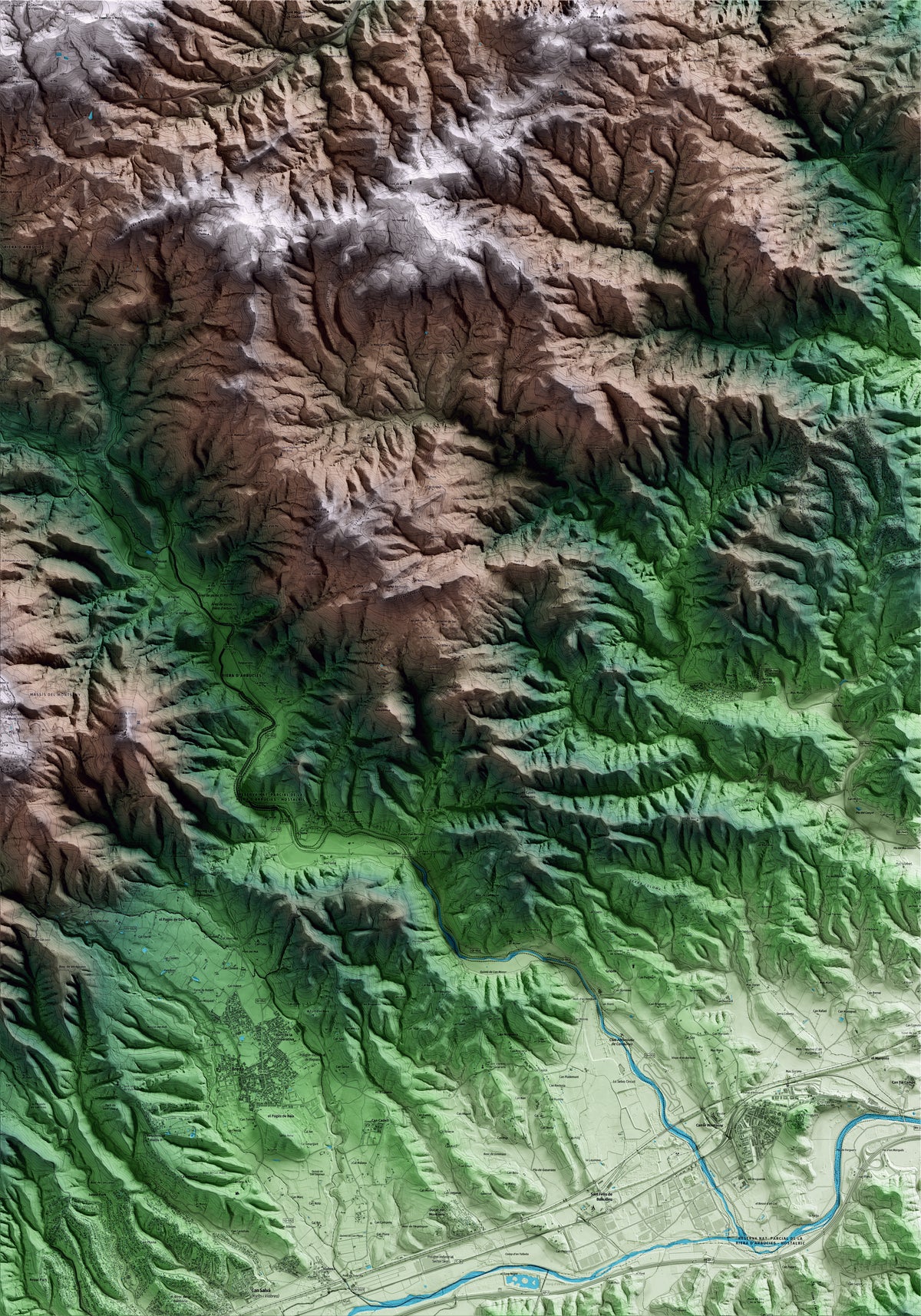 Mapa artístico del relieve de Sant Feliu de Buixalleu, a la Selva, con 15 km de entorno y base topográfica ICGC