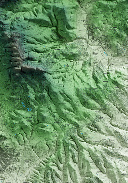 Mapa artístico del relieve de Sant Feliu de Codines, al Vallès Oriental, con 15 km de entorno y base topográfica ICGC. Detalle de la zona inferior derecha.