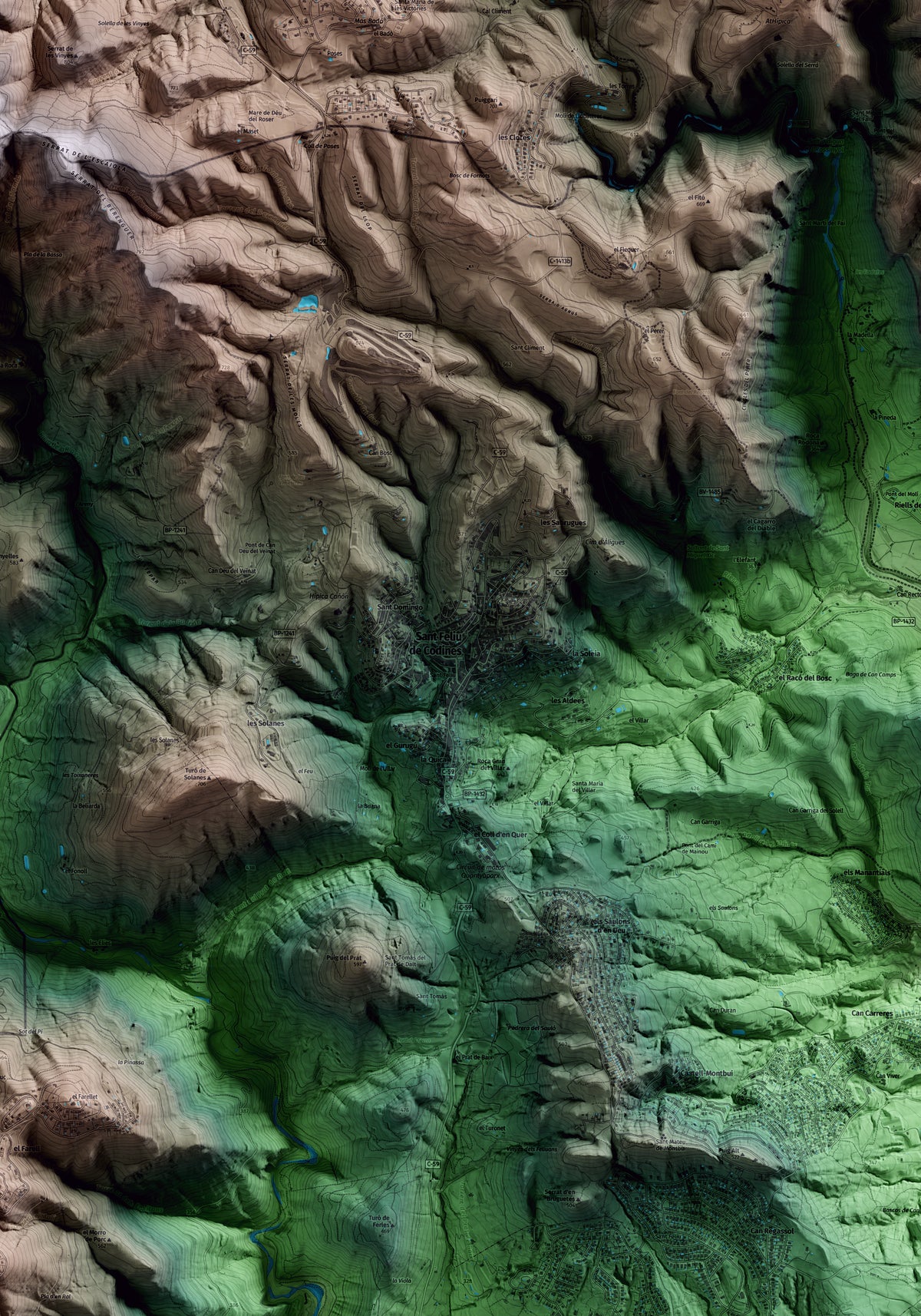 Mapa artístico del relieve de Sant Feliu de Codines, al Vallès Oriental, con 15 km de entorno y base topográfica ICGC. Detalle de la zona central.