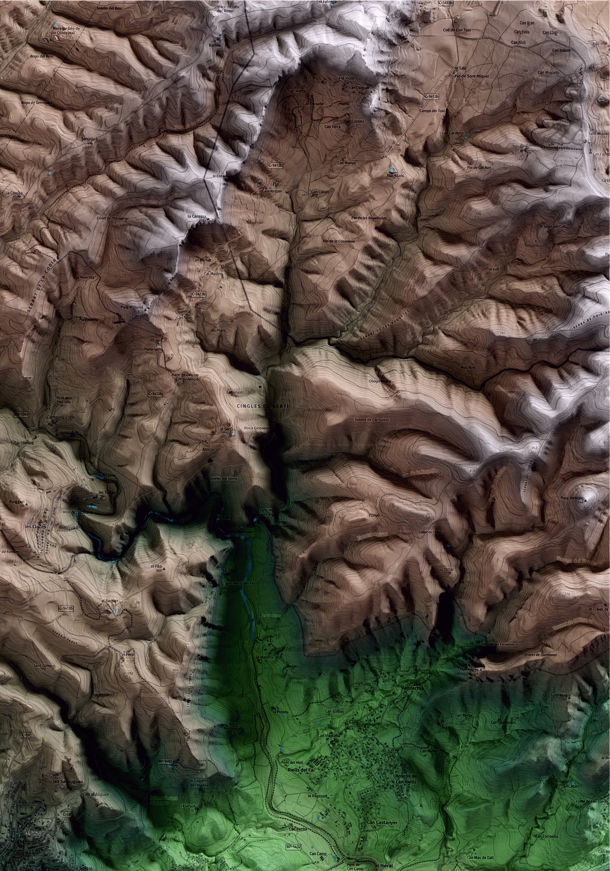Mapa artístico del relieve de Sant Feliu de Codines, al Vallès Oriental, con 15 km de entorno y base topográfica ICGC. Detalle de la zona superior derecha.