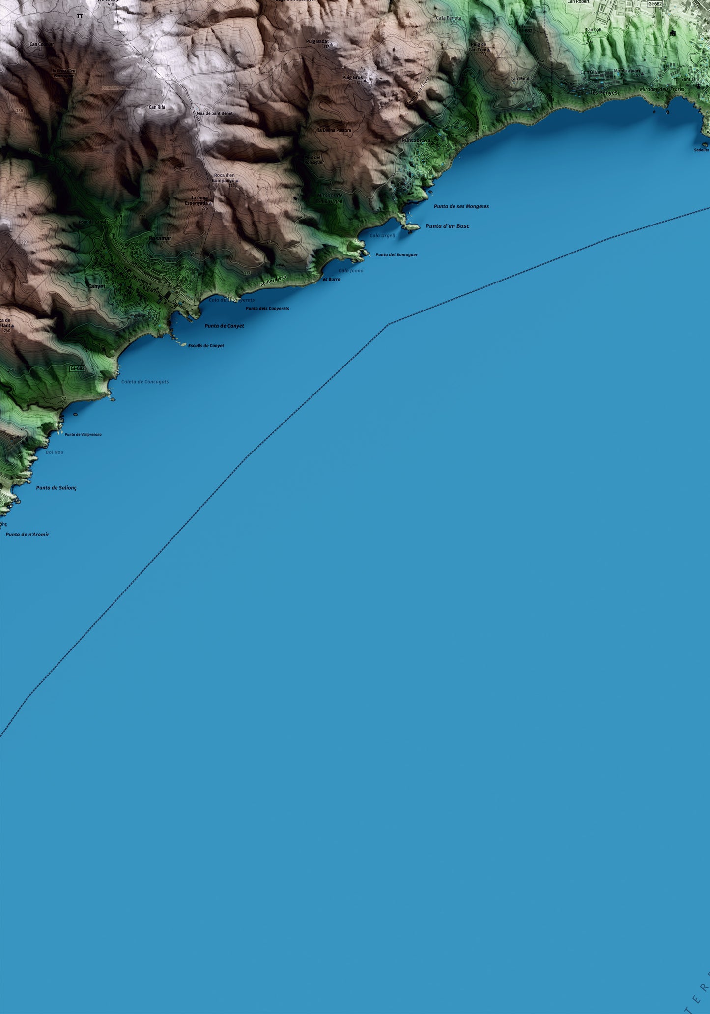 Mapa artístico del relieve de Sant Feliu de Guíxols, al Baix Empordà, con 15 km de entorno y base topográfica ICGC. Detalle de la zona inferior izquierda.