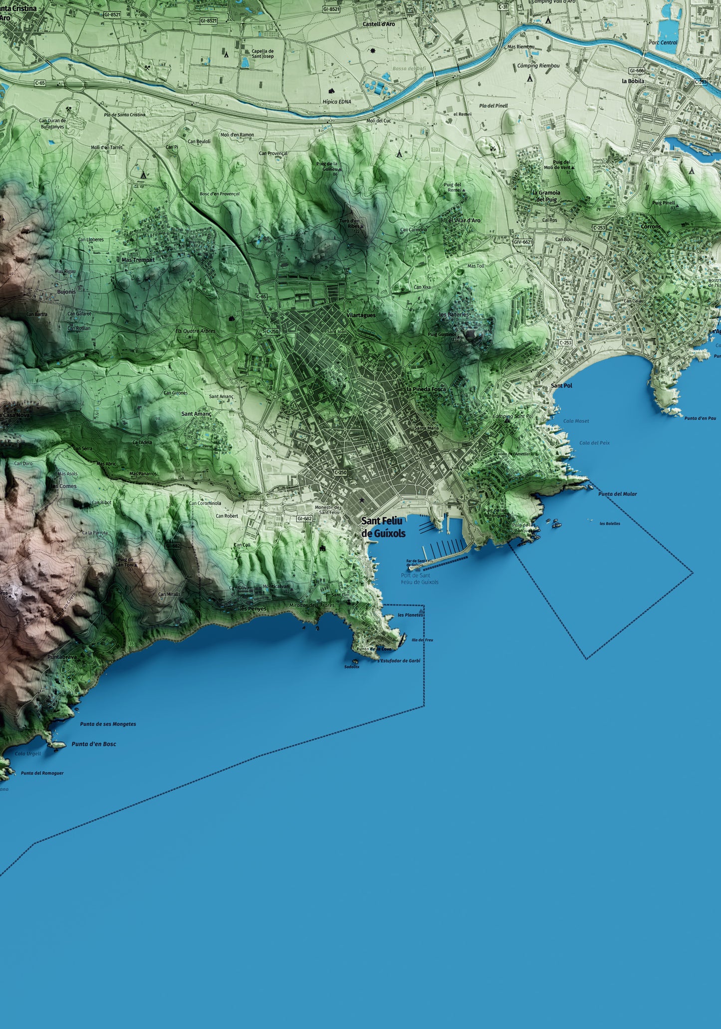 Mapa artístico del relieve de Sant Feliu de Guíxols, al Baix Empordà, con 15 km de entorno y base topográfica ICGC. Detalle de la zona central.