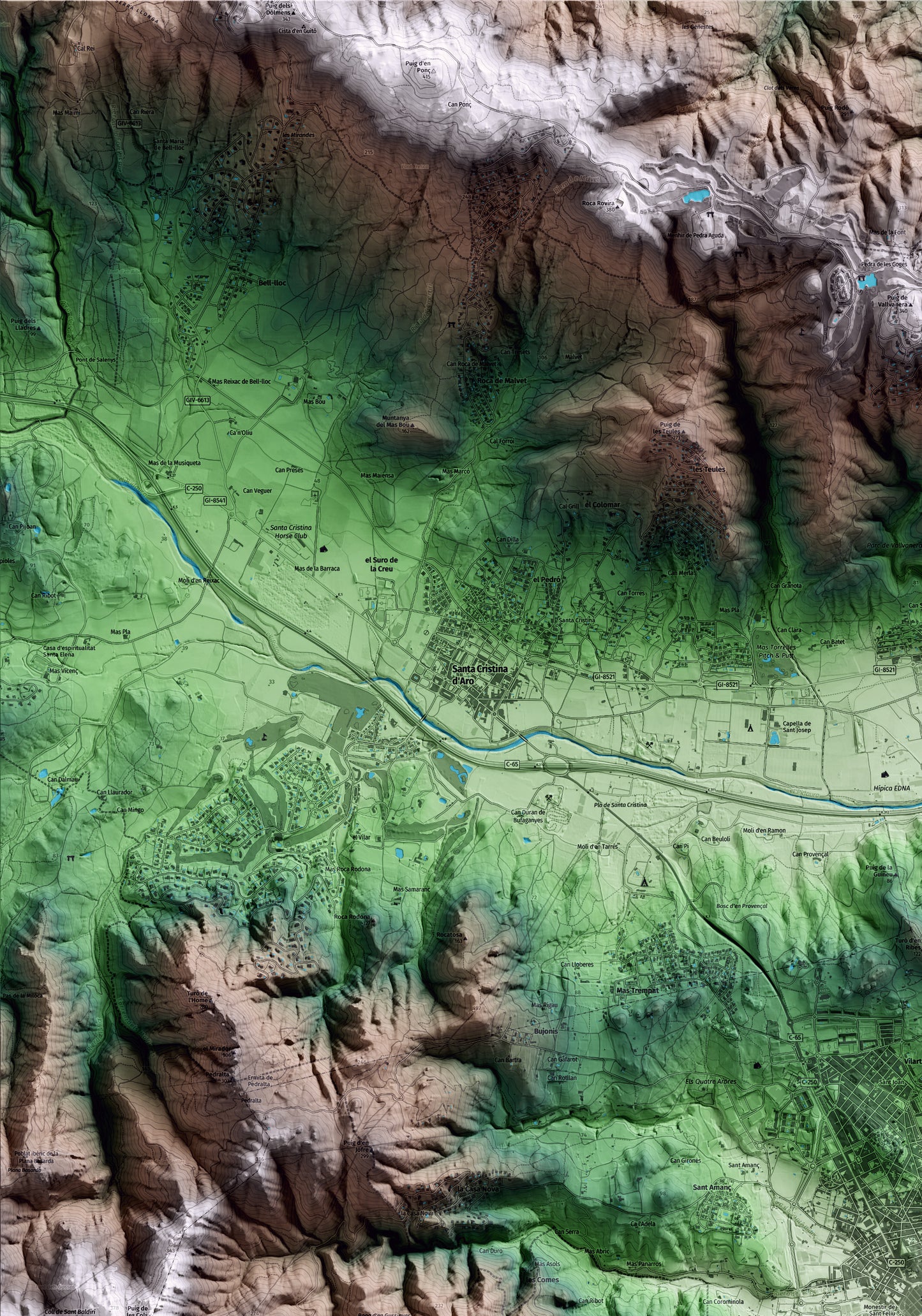 Mapa artístico del relieve de Sant Feliu de Guíxols, al Baix Empordà, con 15 km de entorno y base topográfica ICGC. Detalle de la zona superior izquierda.