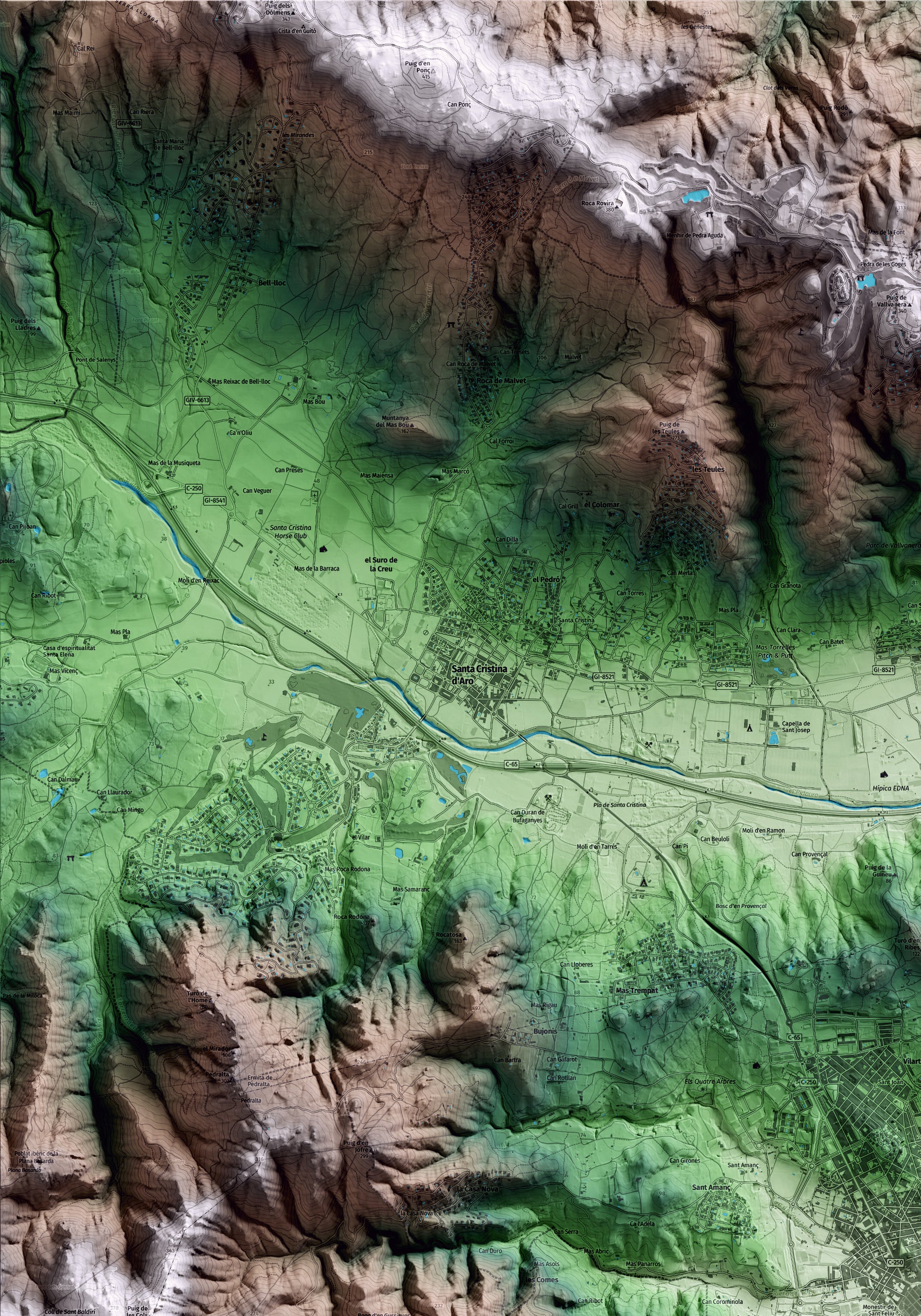 Mapa artístico del relieve de Sant Feliu de Guíxols, al Baix Empordà, con 15 km de entorno y base topográfica ICGC. Detalle de la zona superior izquierda.