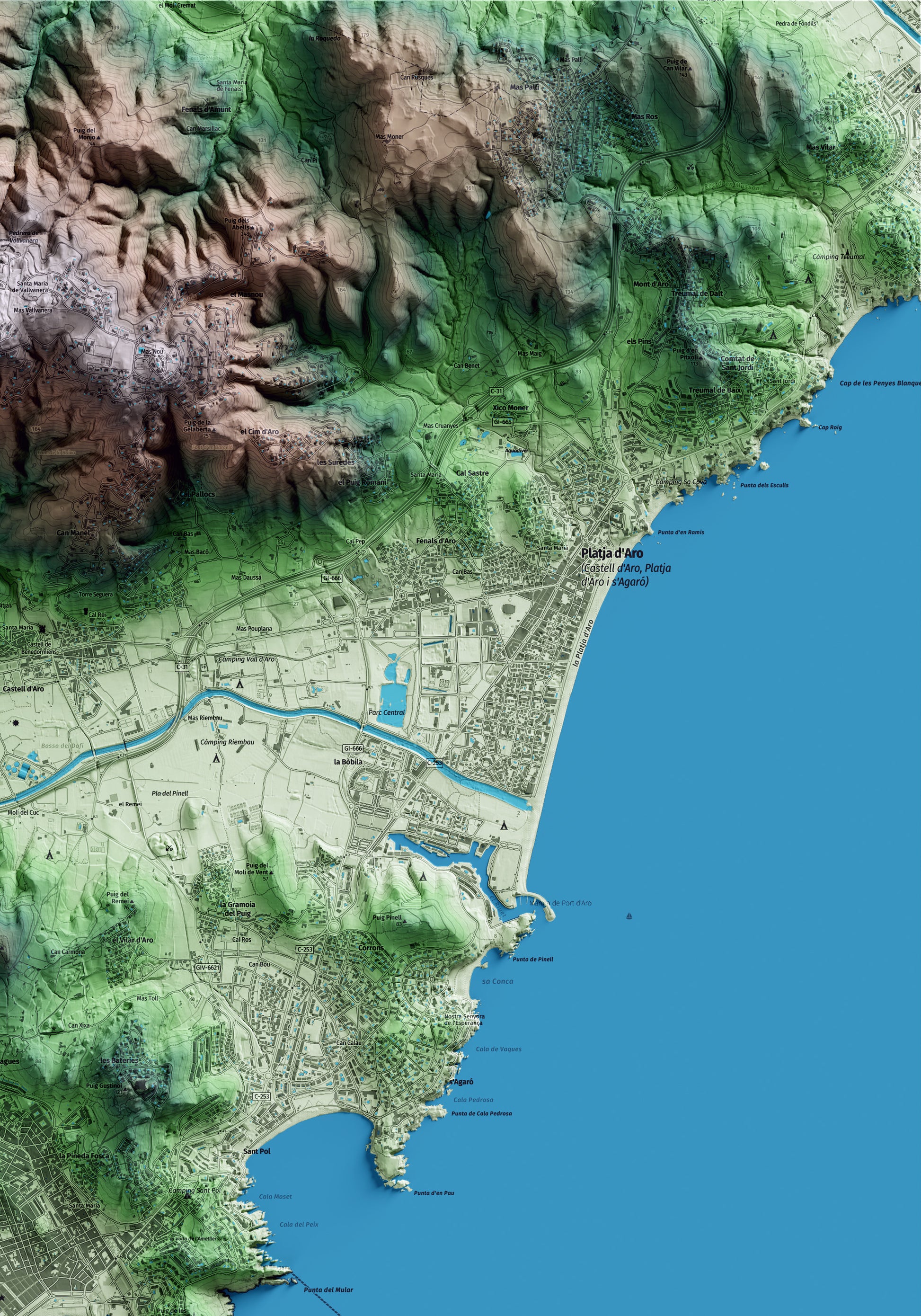 Mapa artístico del relieve de Sant Feliu de Guíxols, al Baix Empordà, con 15 km de entorno y base topográfica ICGC. Detalle de la zona superior derecha.