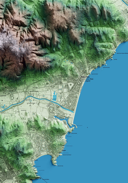 Mapa artístico del relieve de Sant Feliu de Guíxols, al Baix Empordà, con 15 km de entorno y base topográfica ICGC. Detalle de la zona superior derecha.