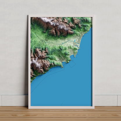 Mapa artístico del relieve de Sant Feliu de Guíxols, al Baix Empordà, con 15 km de entorno y base topográfica ICGC. Presentación enmarcada.
