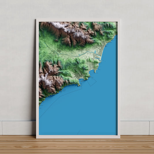 Mapa artístico del relieve de Sant Feliu de Guíxols, al Baix Empordà, con 15 km de entorno y base topográfica ICGC. Presentación enmarcada.