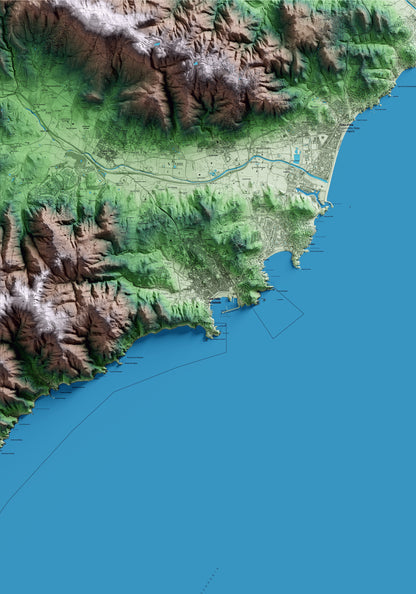 Mapa artístico del relieve de Sant Feliu de Guíxols, al Baix Empordà, con 15 km de entorno y base topográfica ICGC
